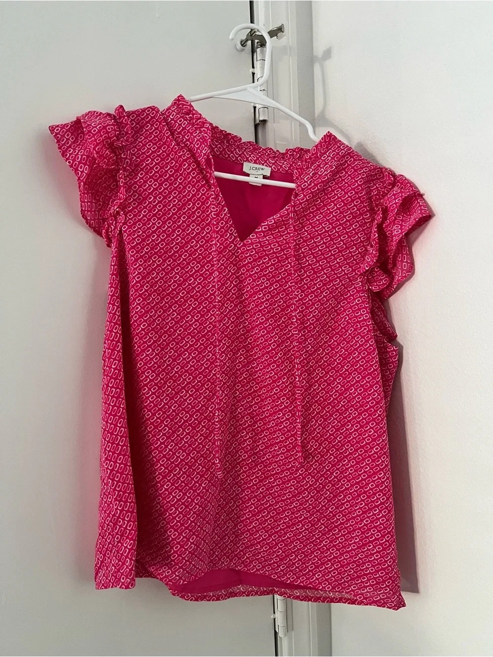 J. Crew Hot Pink Geo Ruffle Sleeve Blouse